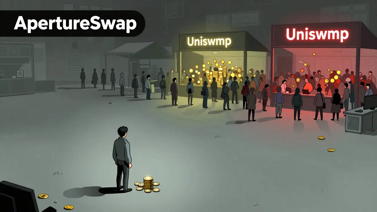 Empty crypto exchange vs busy rival market in graphic novel art