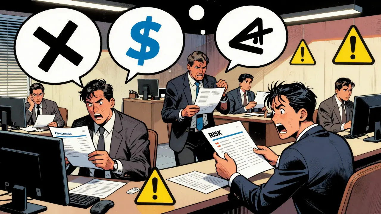 Frustrated user at bank counter dealing with frozen assets and bureaucratic paperwork