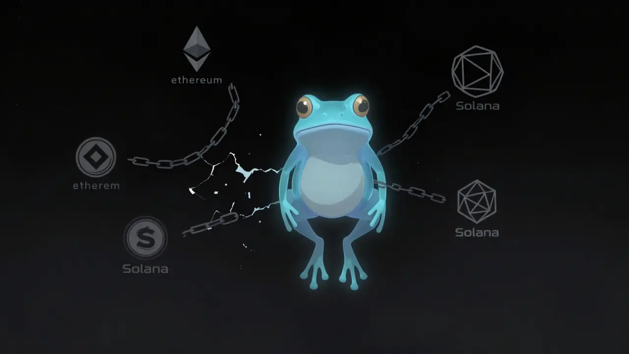 Ghostly frog floating in dark void with broken chains