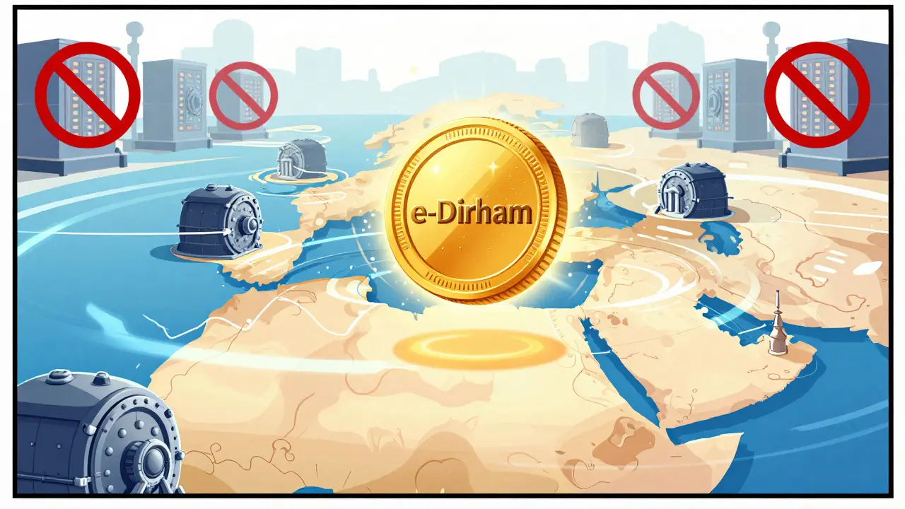 Glowing e-Dirham coin over map with banned mining rigs in background