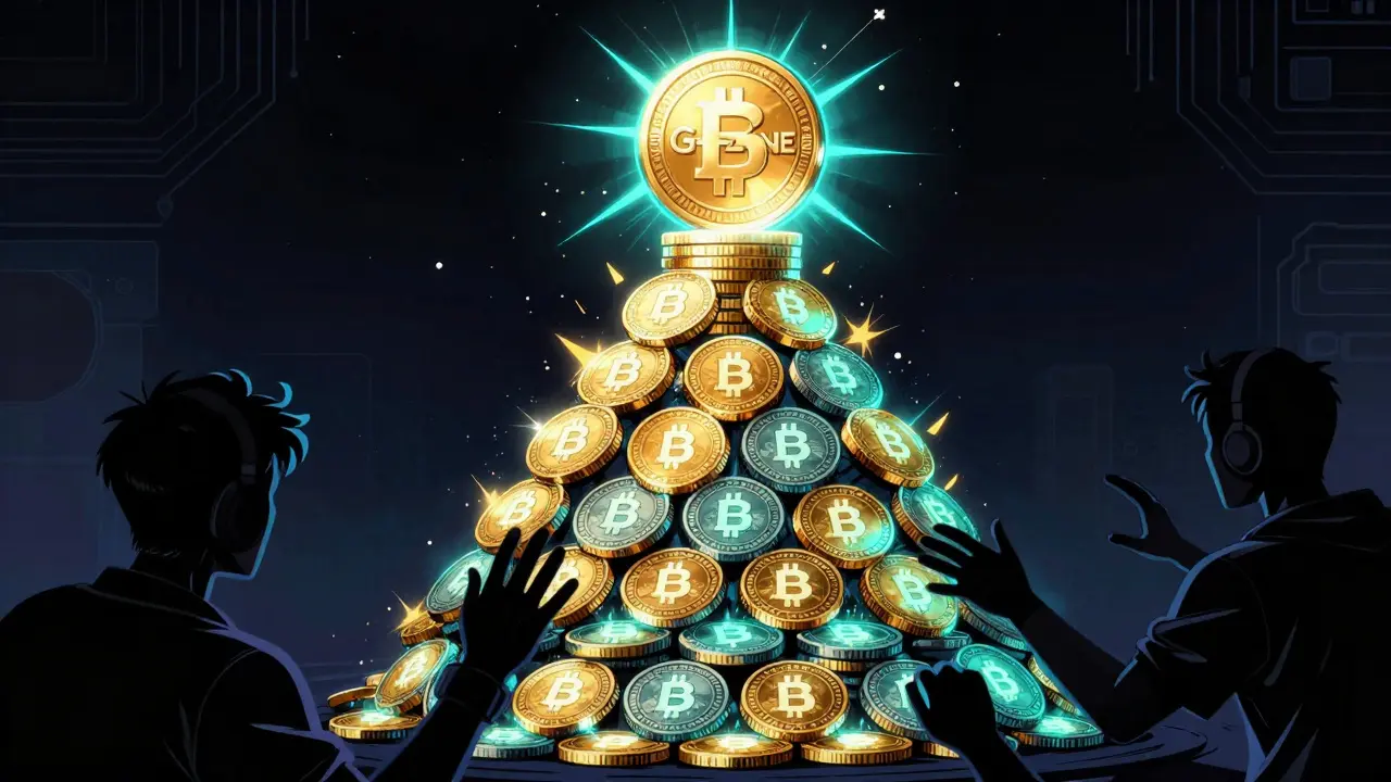 Glowing GZONE token pyramid illustrating staking tiers and rewards in graphic novel art