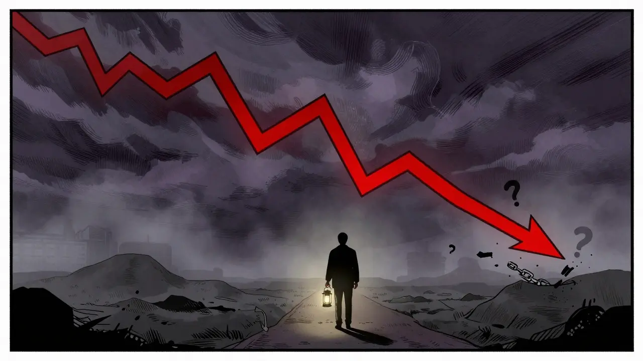 Graphic novel image depicting market volatility with a crashing chart and a figure holding a due diligence lantern.