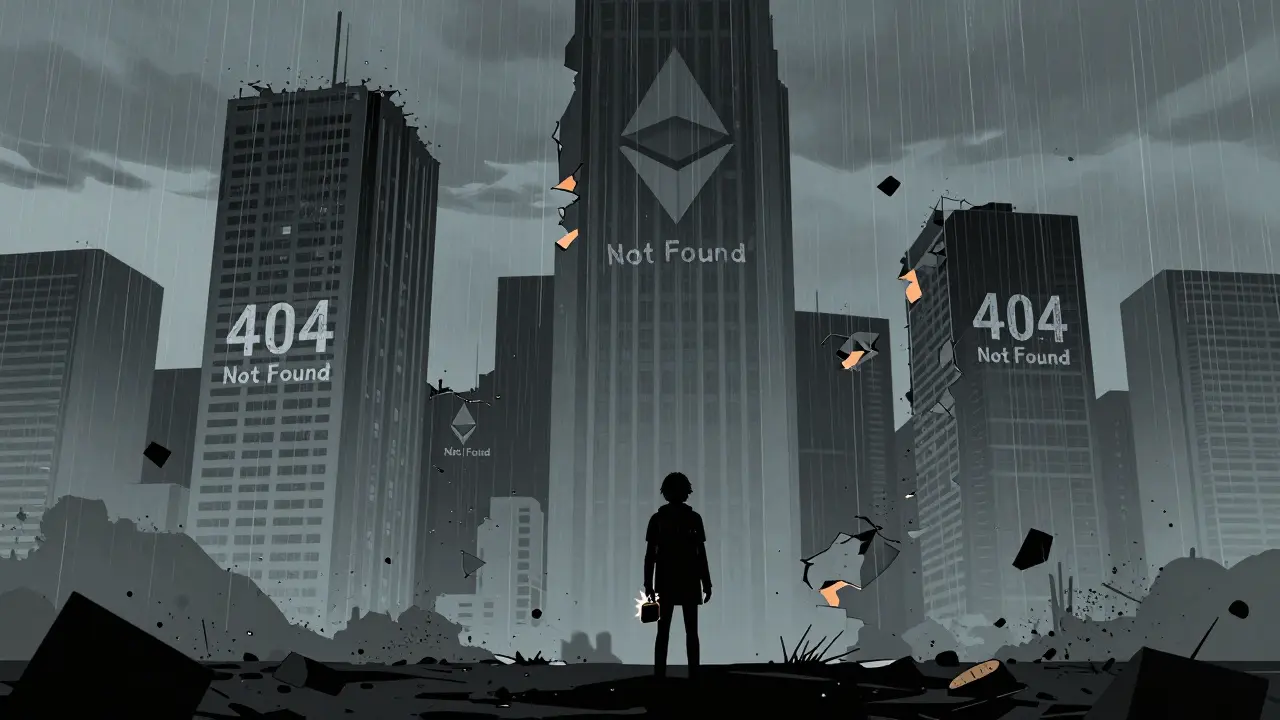Graphic novel style abandoned crypto city representing dead token