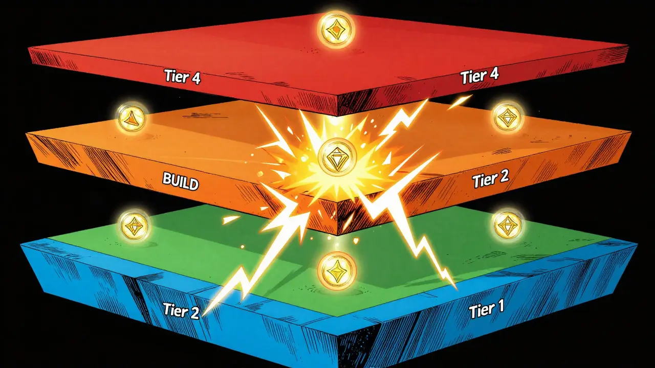 Graphic novel style diagram of four-tiered crypto topology with volatile middle layer