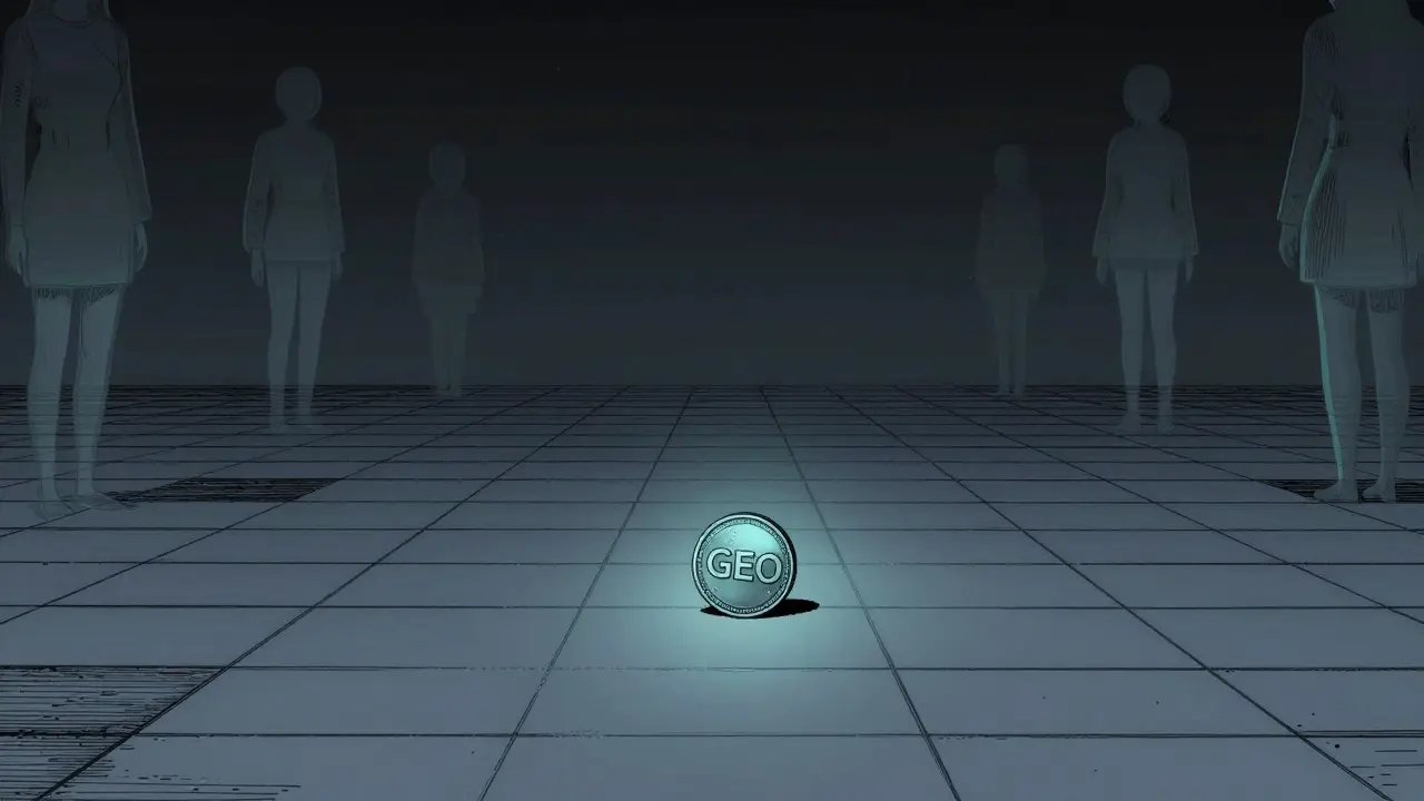 Graphic novel style image of a lonely crypto coin on a dark, empty digital grid