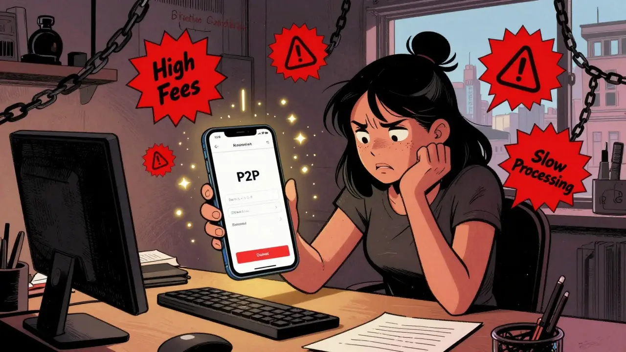 Graphic novel style woman using smartphone to bypass slow banking fees with instant crypto transfer