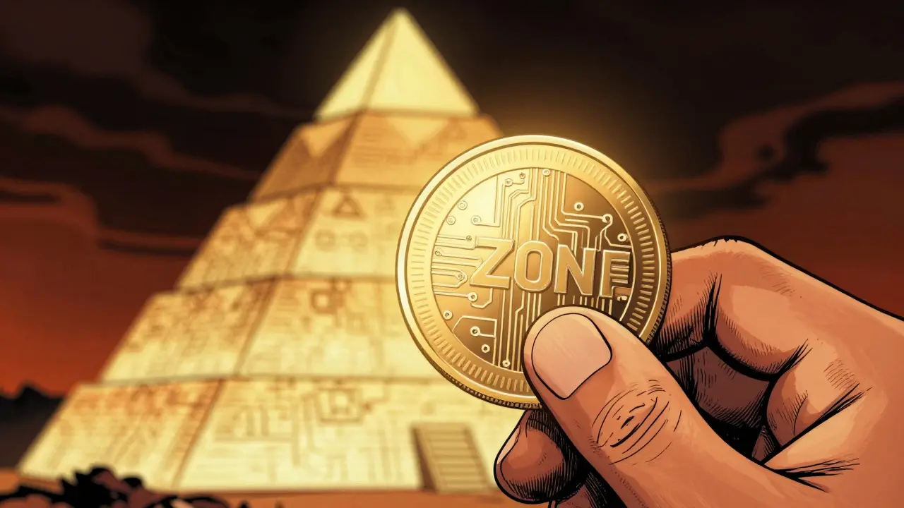 Hand holding glowing GZONE token near staking pyramid in comic art