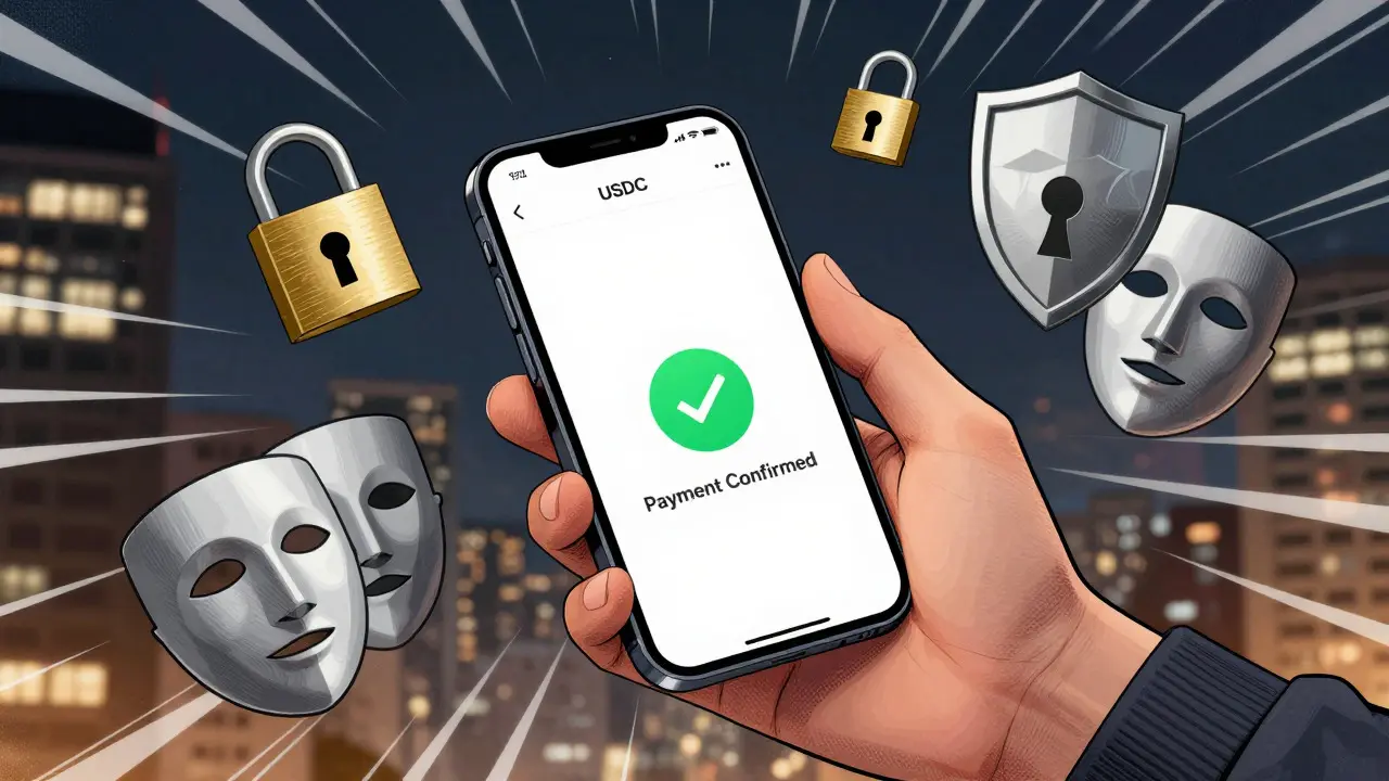 Hand holding phone with confirmed crypto payment and security icons in comic style.