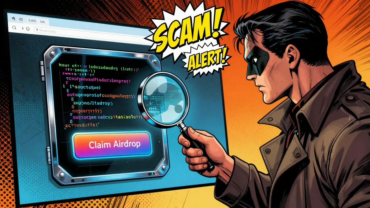 Hero exposing a malicious claim button as a trap in comic book style