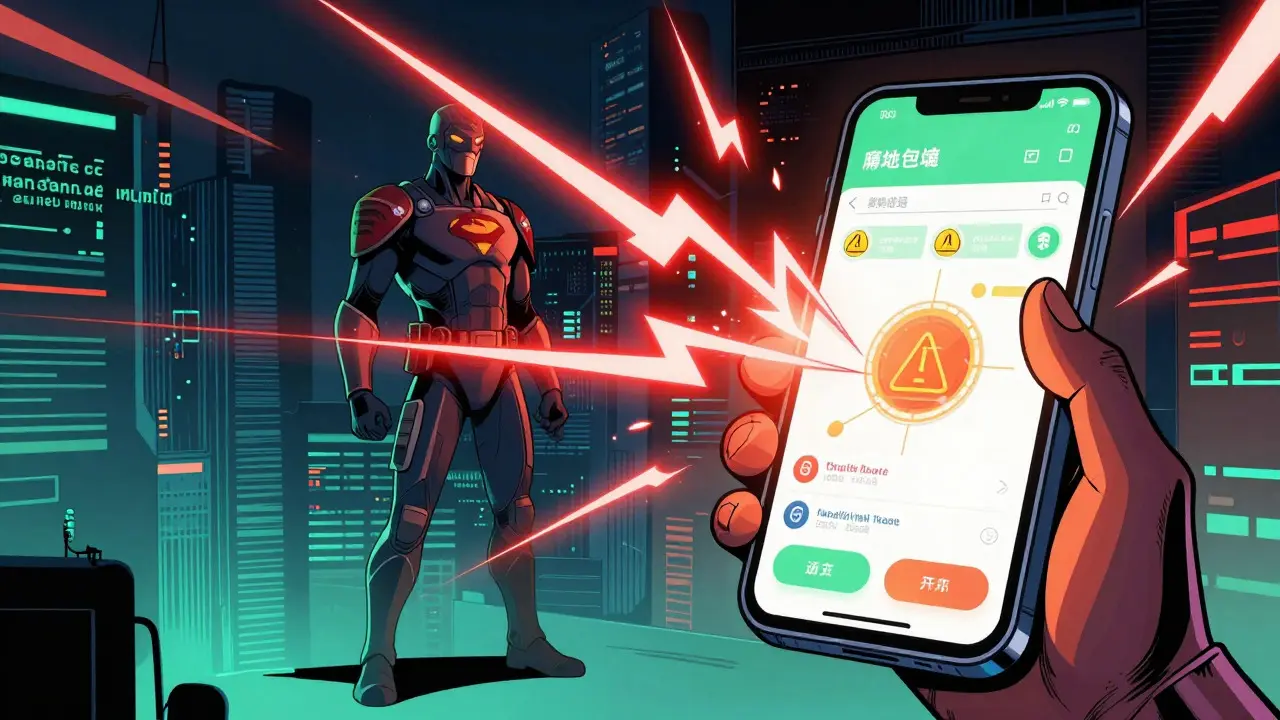 Hero protecting a crypto wallet from phishing attacks in comic style