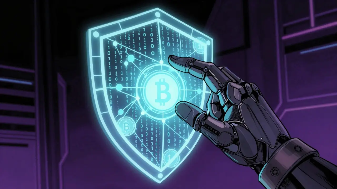 High-tech armored hand protecting digital assets with encryption shield