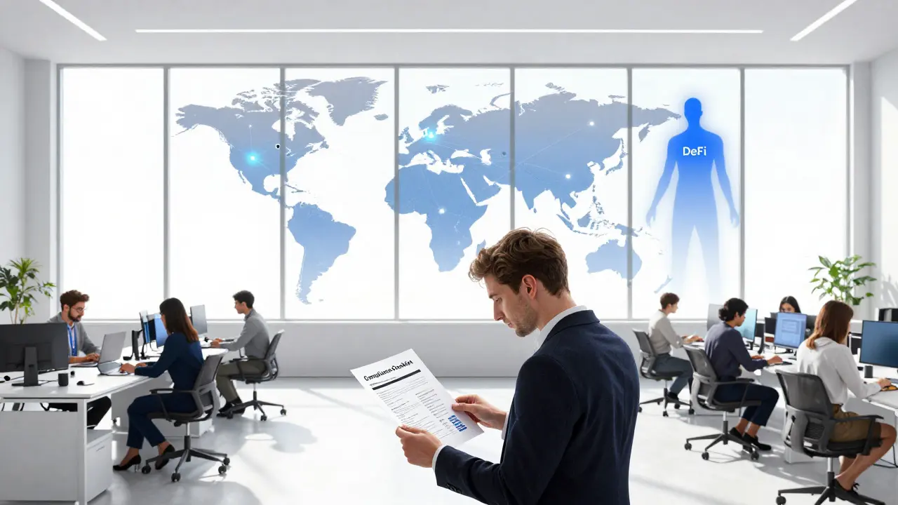Illustration of fintech professionals working on compliance, with DeFi excluded in the background.