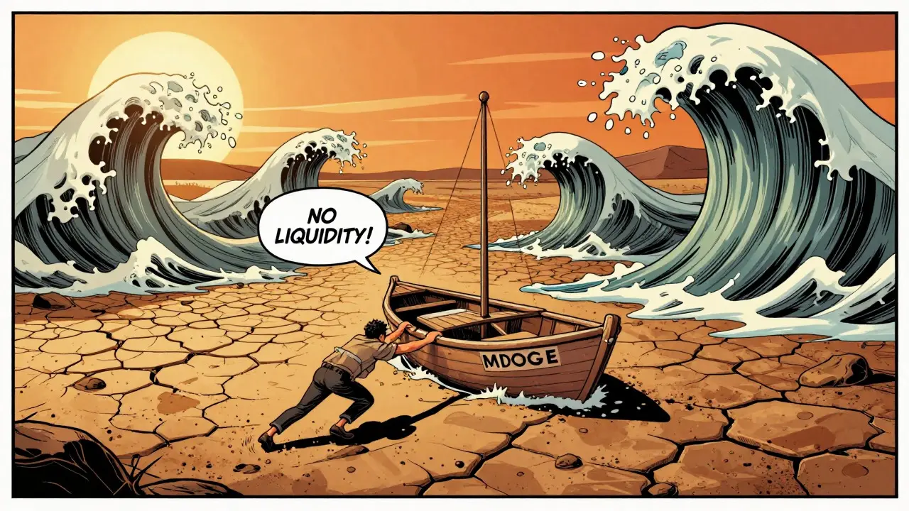Illustration of liquidity risk with a small boat stuck in a dry riverbed under crashing waves, representing low trading volume for MDOGE, graphic novel style.