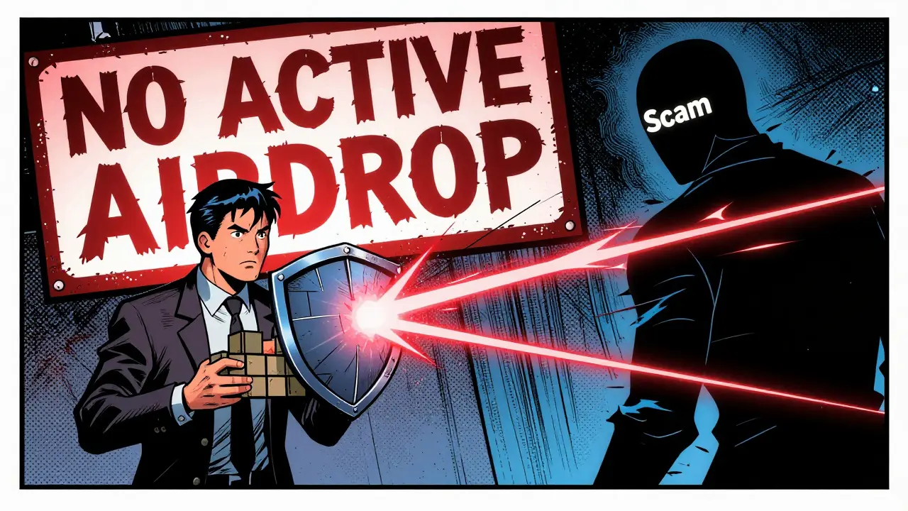 Investor blocking scam attacks with a blockchain shield in a dramatic comic panel