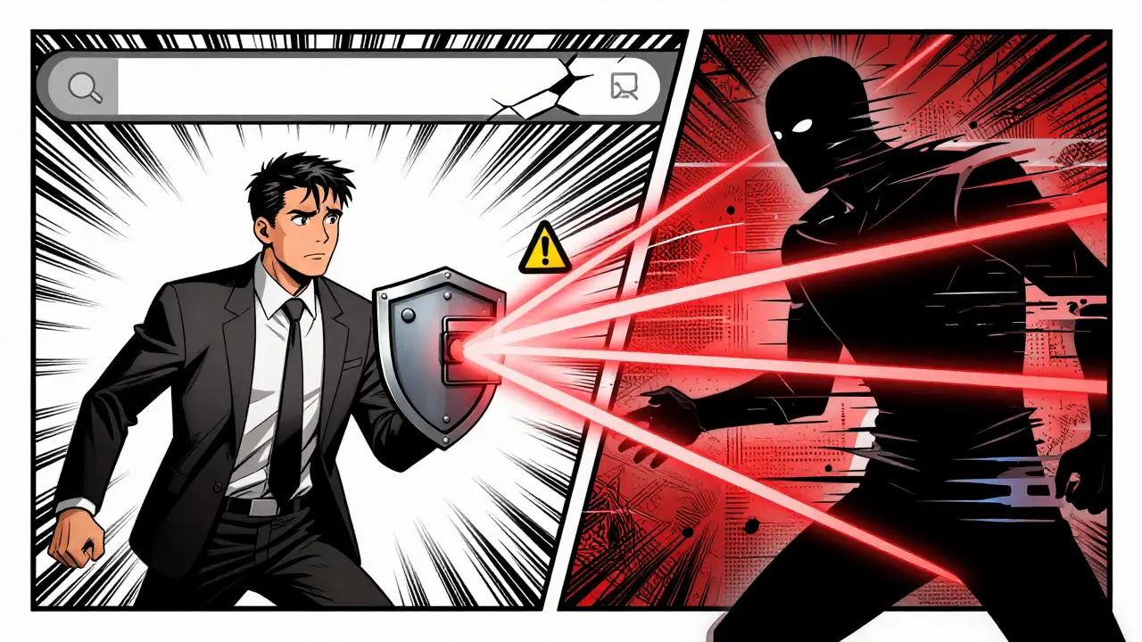 Investor defending against phishing scam lasers in graphic novel style