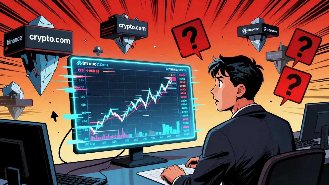 Investor looking at glitching price charts and fragmented exchanges