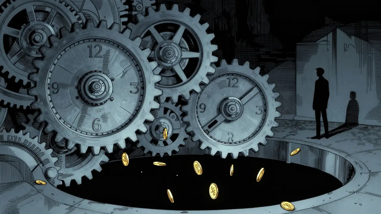 Mechanical gears releasing tokens to symbolize the slow vesting schedule