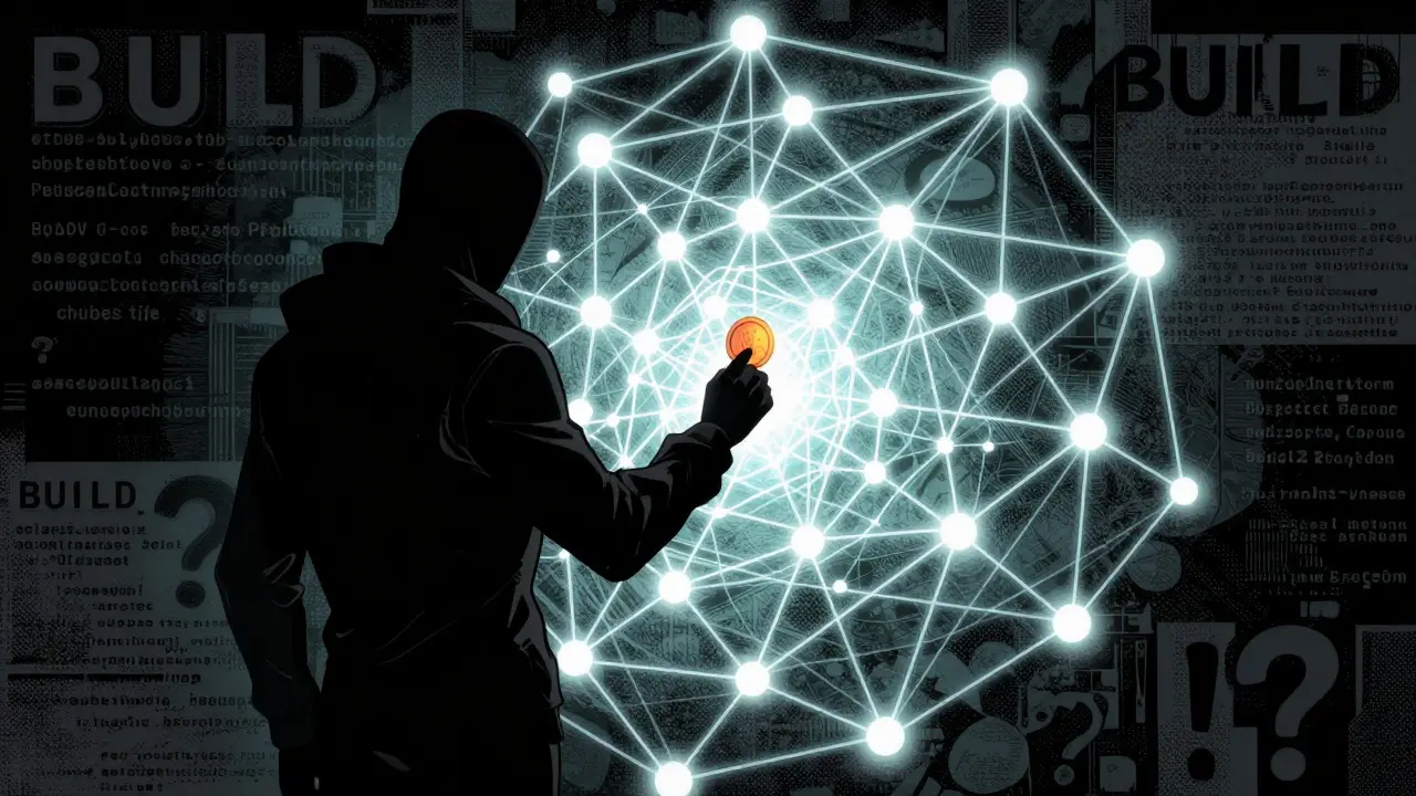Mysterious figure holding a coin before a complex, opaque digital network