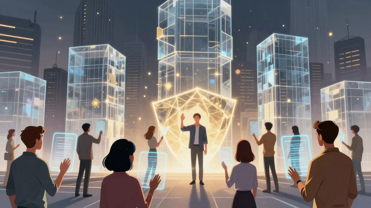 Secure futuristic city with users protected by AI blockchain shields