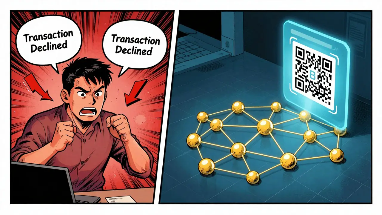 Split panel showing failed bank payment vs smooth crypto transaction in graphic novel art.