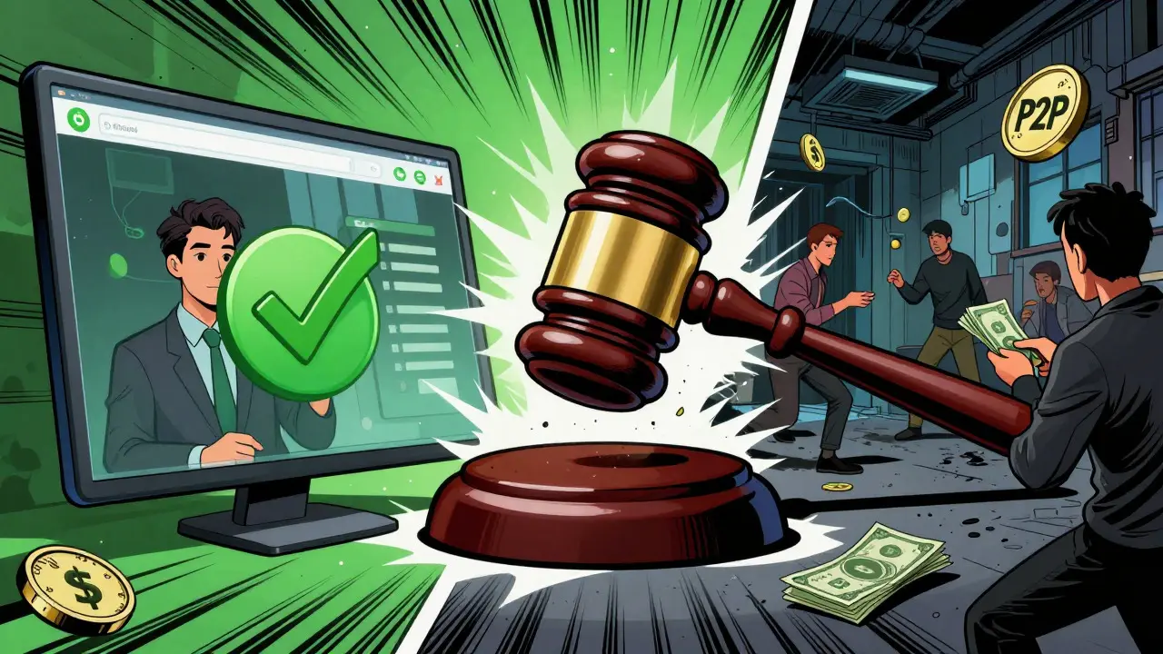 Split panel showing legal trading vs illegal P2P cash exchange with gavel