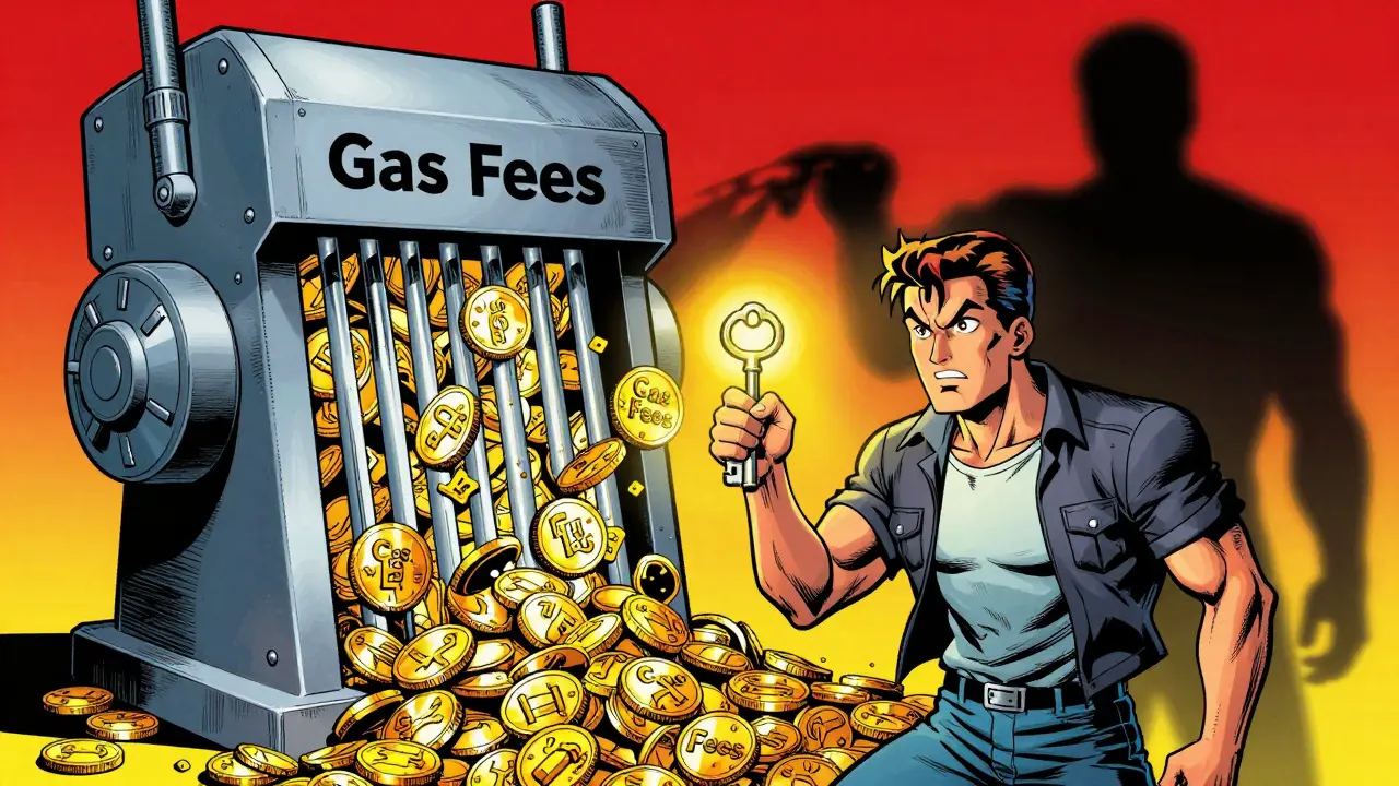 User holding secure key while gas fees are destroyed in comic style