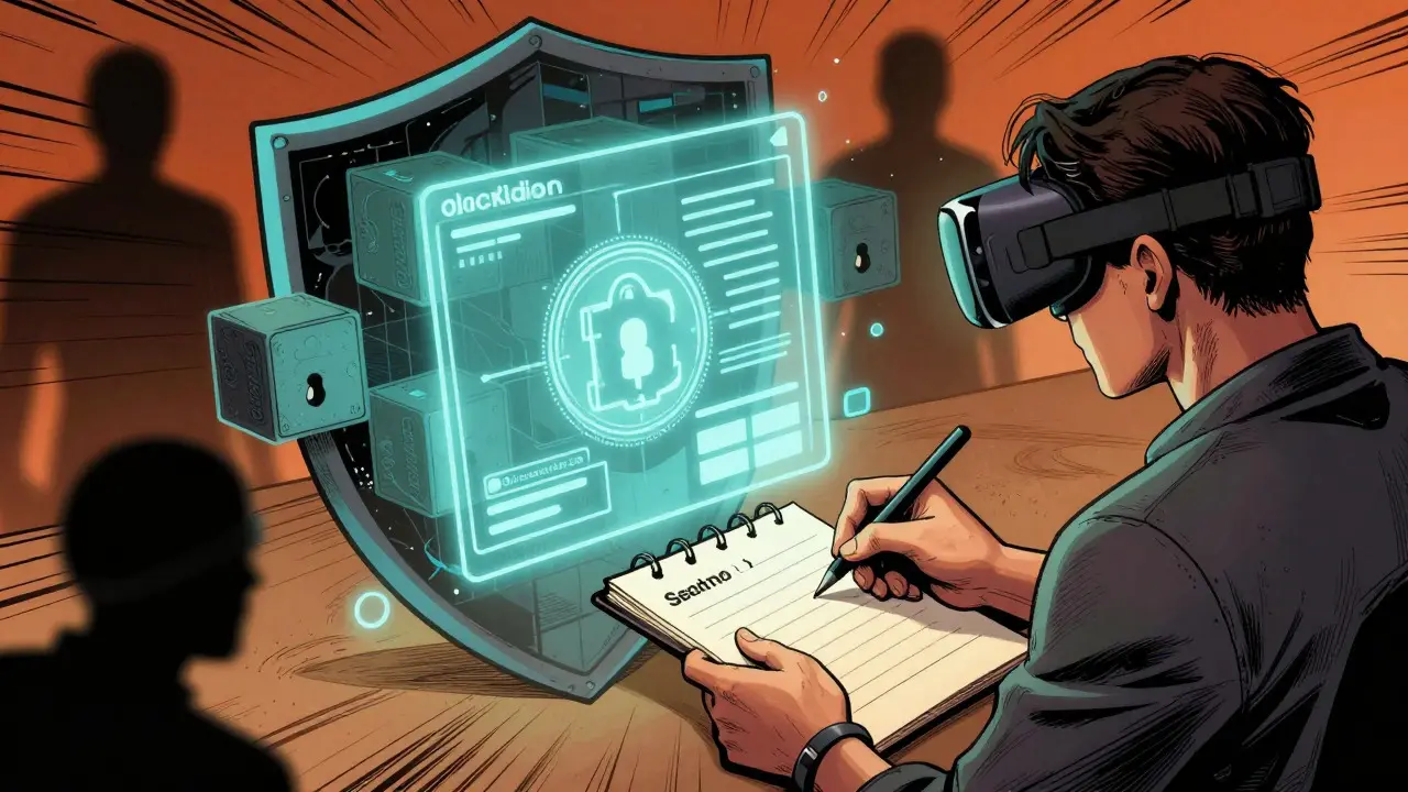 User securing crypto wallet with seed phrase against digital threats