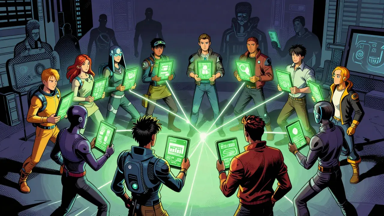 Validators reaching consensus in a glowing circle, comic style