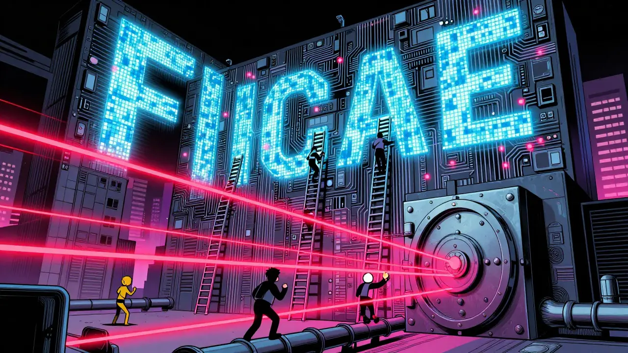 A digital firewall wall blocking figures climbing ladders, representing internet censorship