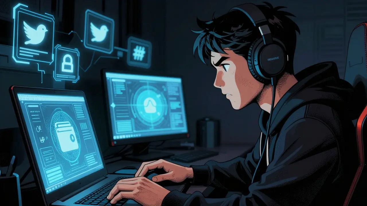A gamer focused on screens in a dark room, surrounded by holographic social media icons.