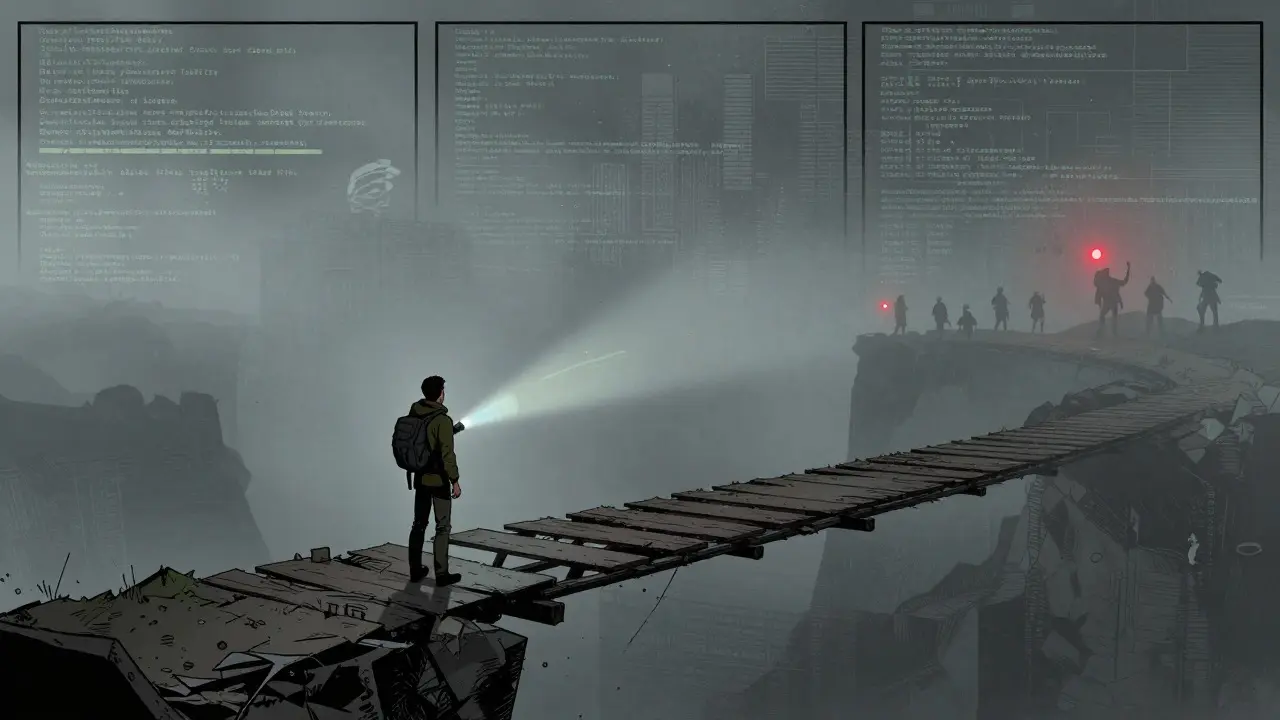 A lone figure stands on a broken digital bridge overlooking a foggy abyss