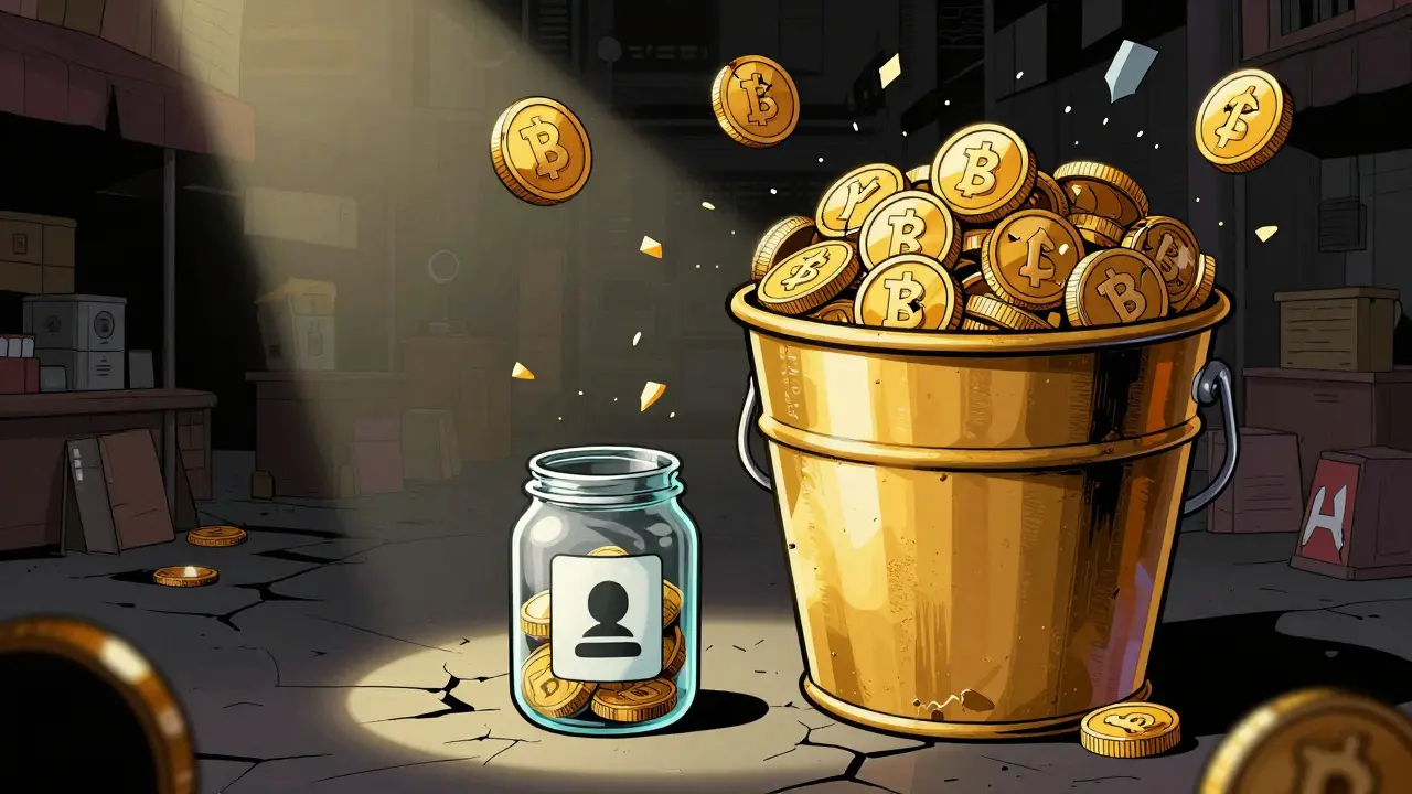 A visual metaphor for liquidity disparity showing a full bucket and an empty jar