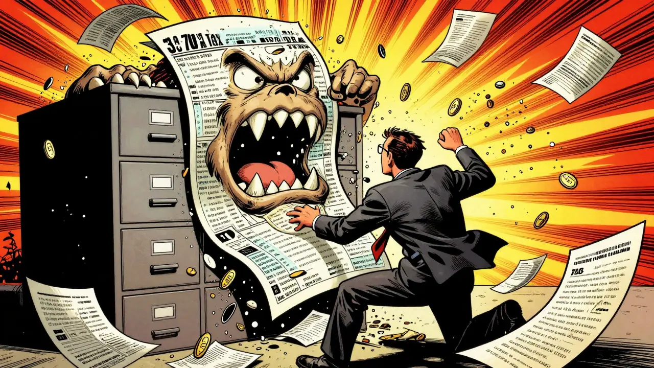 Accountant battling a monstrous tax bill in comic book style