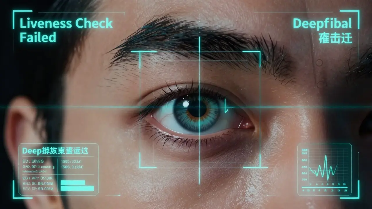 AI scanner detecting deepfake flaws in a user's eye during liveness check