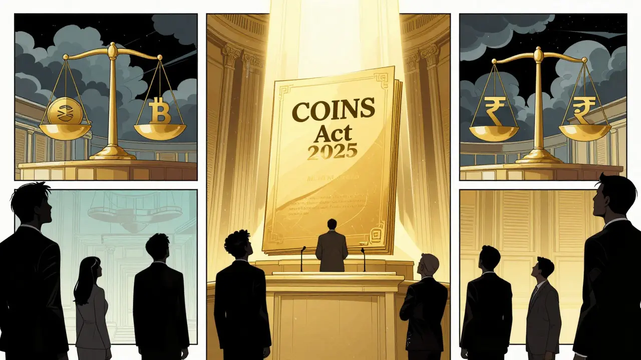 Businessmen looking hopefully at the COINS Act legislation