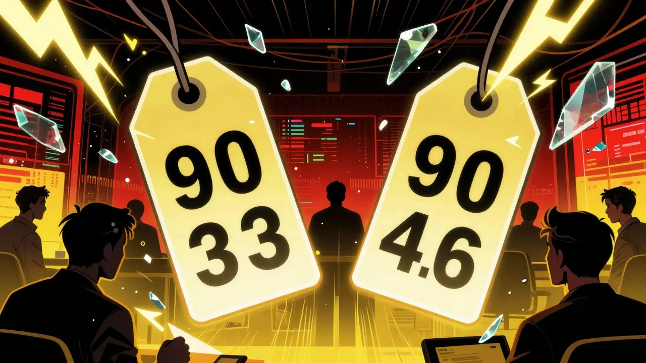Chaotic digital trading scene with floating price tags and glitch effects