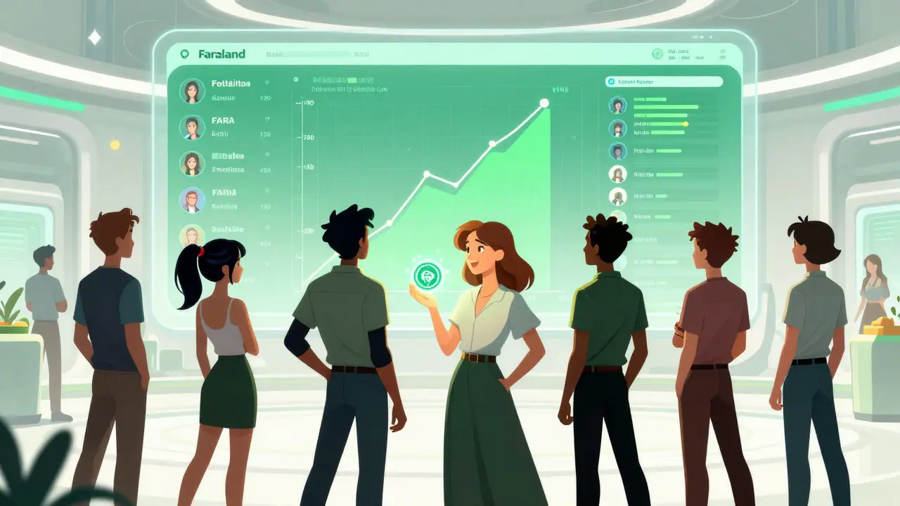 Characters in a bright futuristic lobby holding a glowing token near a digital market interface.