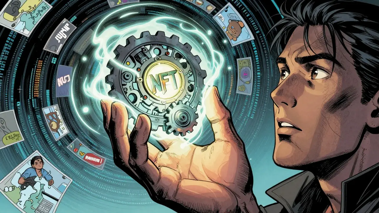 Close-up of a hand holding a glowing synthetic asset NFT artifact