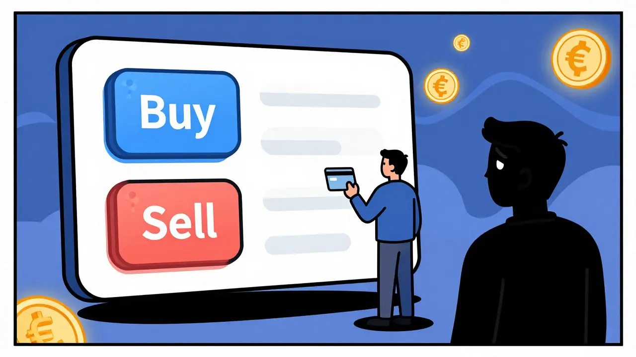 Comic art of a simple buy-sell interface with a happy beginner and frustrated trader
