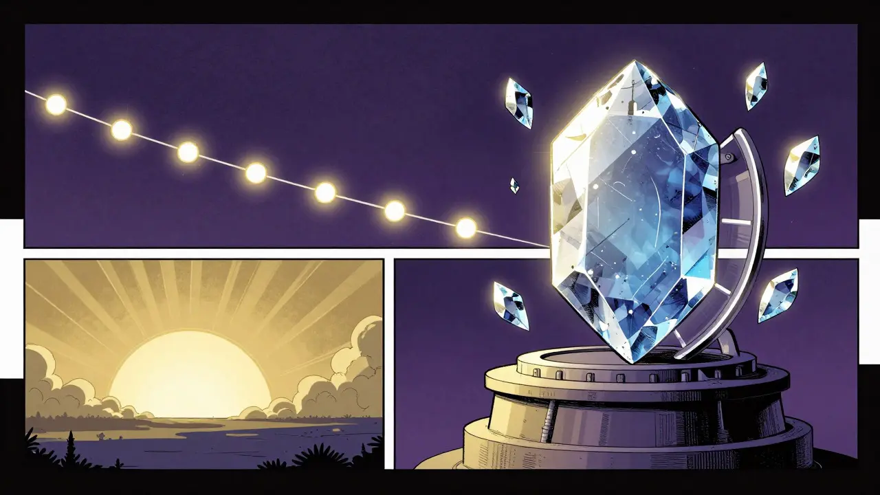 Comic book illustration of a crystal token locked in a time mechanism with rising sun