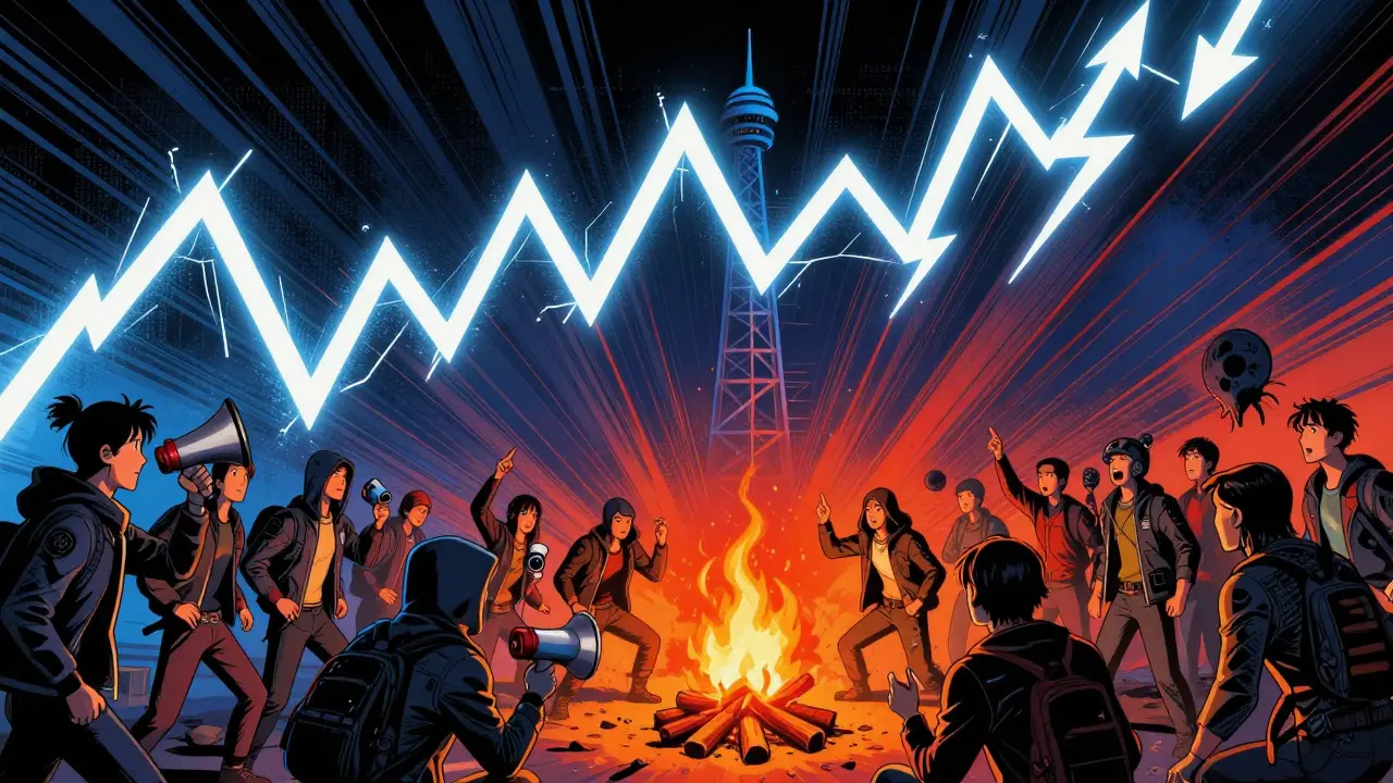 Crowd gathering around digital fire under a chaotic lightning price chart