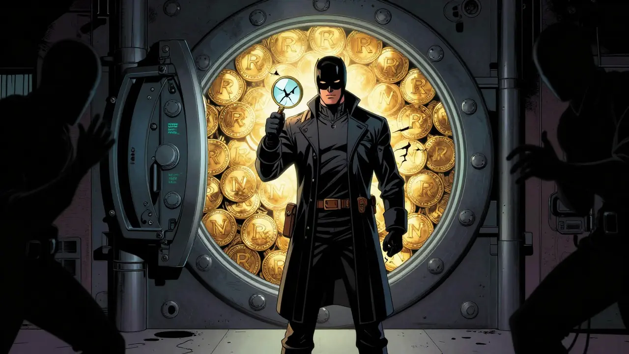 Detective guarding crypto tokens while checking for scam links