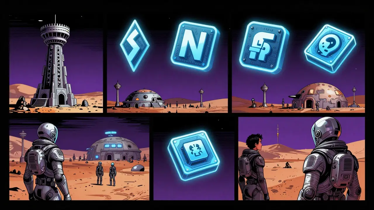 Digital marketplace with NFT assets floating in Martian colony