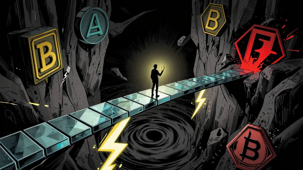 Dramatic comic art of a figure crossing a fragile glass bridge over a digital void