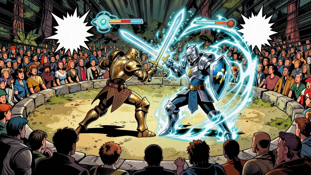 Dynamic comic book illustration of two knights battling in an arena