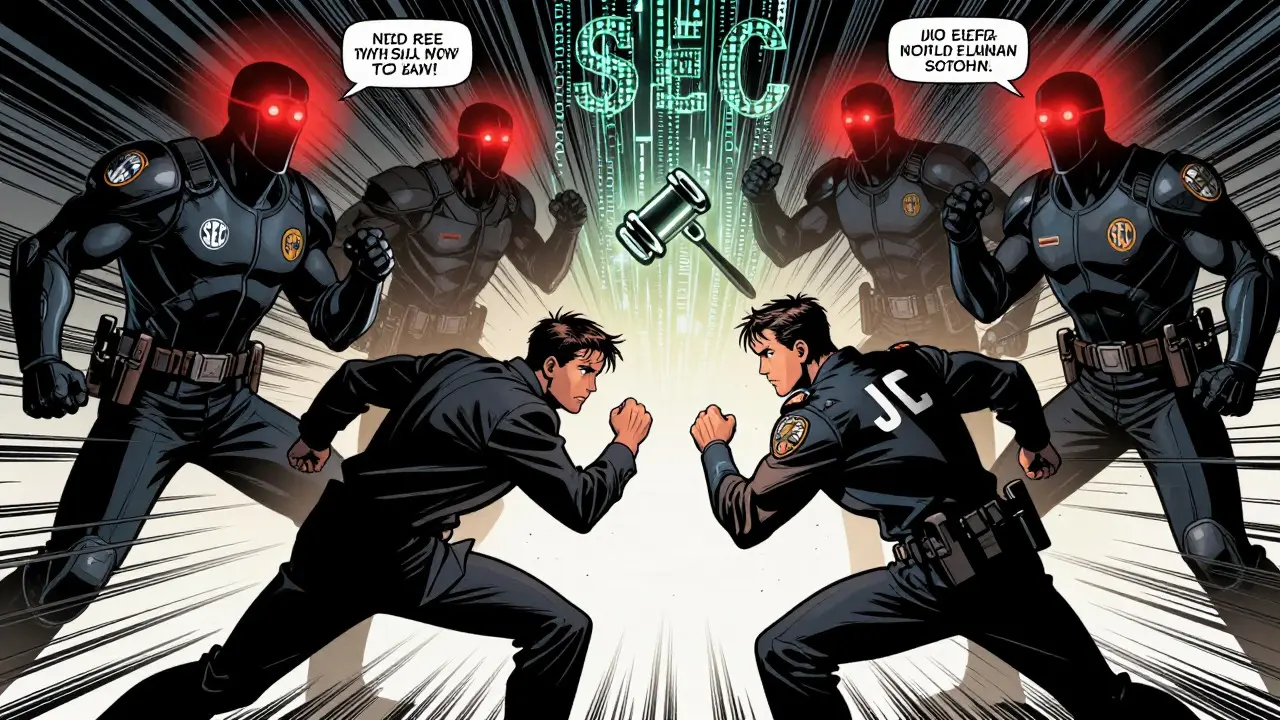 Federal agents emerging from digital warnings to confront a crypto fraudster