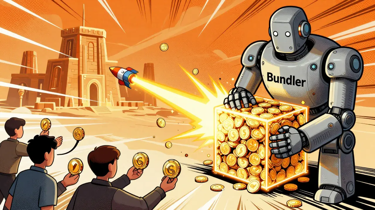 Graphic novel scene showing bundlers converting IGNIS fees to ARDR