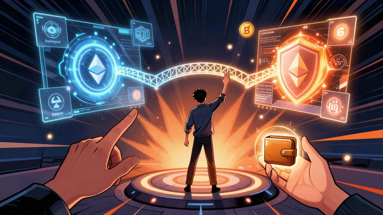 Graphic novel style character bridging assets between networks while holding a secure wallet