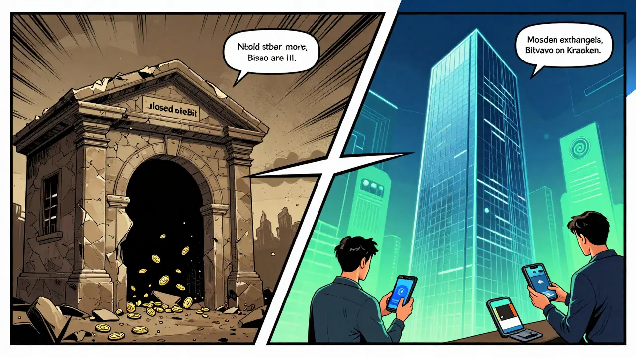 Graphic novel style split scene showing an old crumbling broker building and a modern exchange