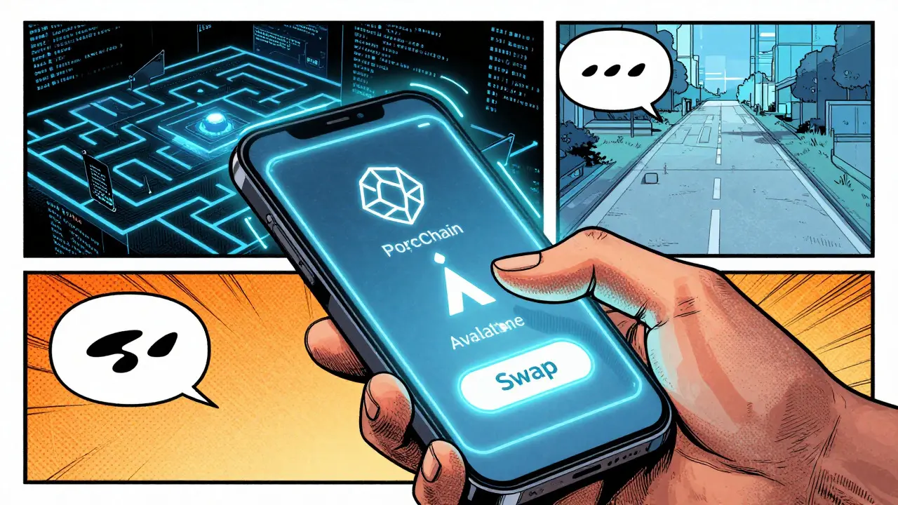 Graphic novel view of a user performing a simplified cross-chain swap via hologram
